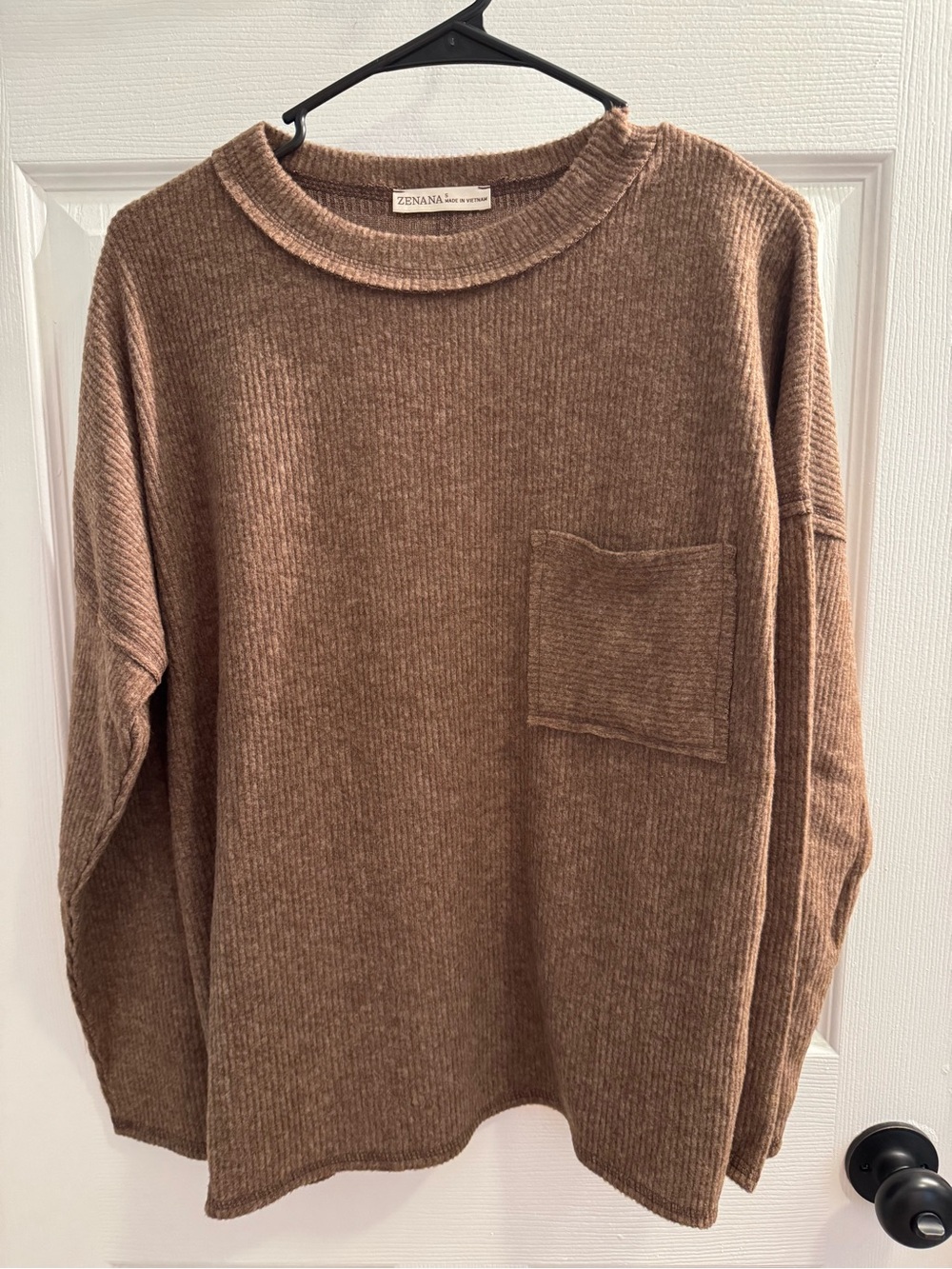 ZENANA Cozy Ribbed Pocket Pullover - Brown, NWOT, SIZE: small